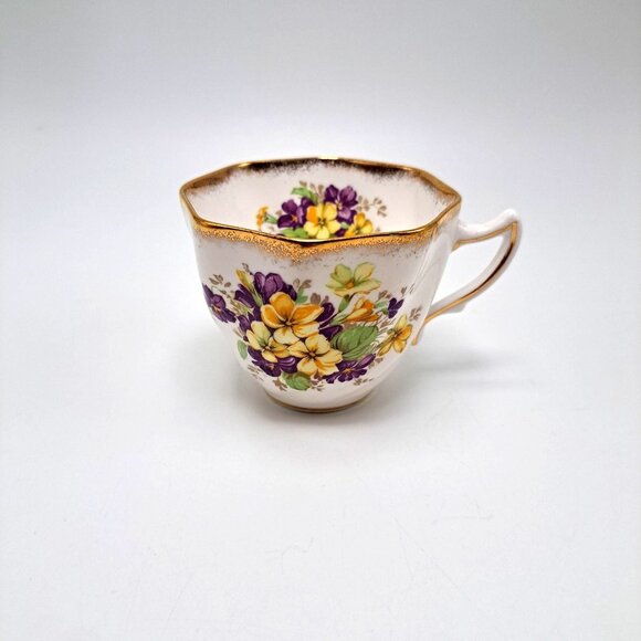 Rosina Bone China Teacup Yellow & Purple Pansies Gold Trim Made In England - Picture 1 of 8